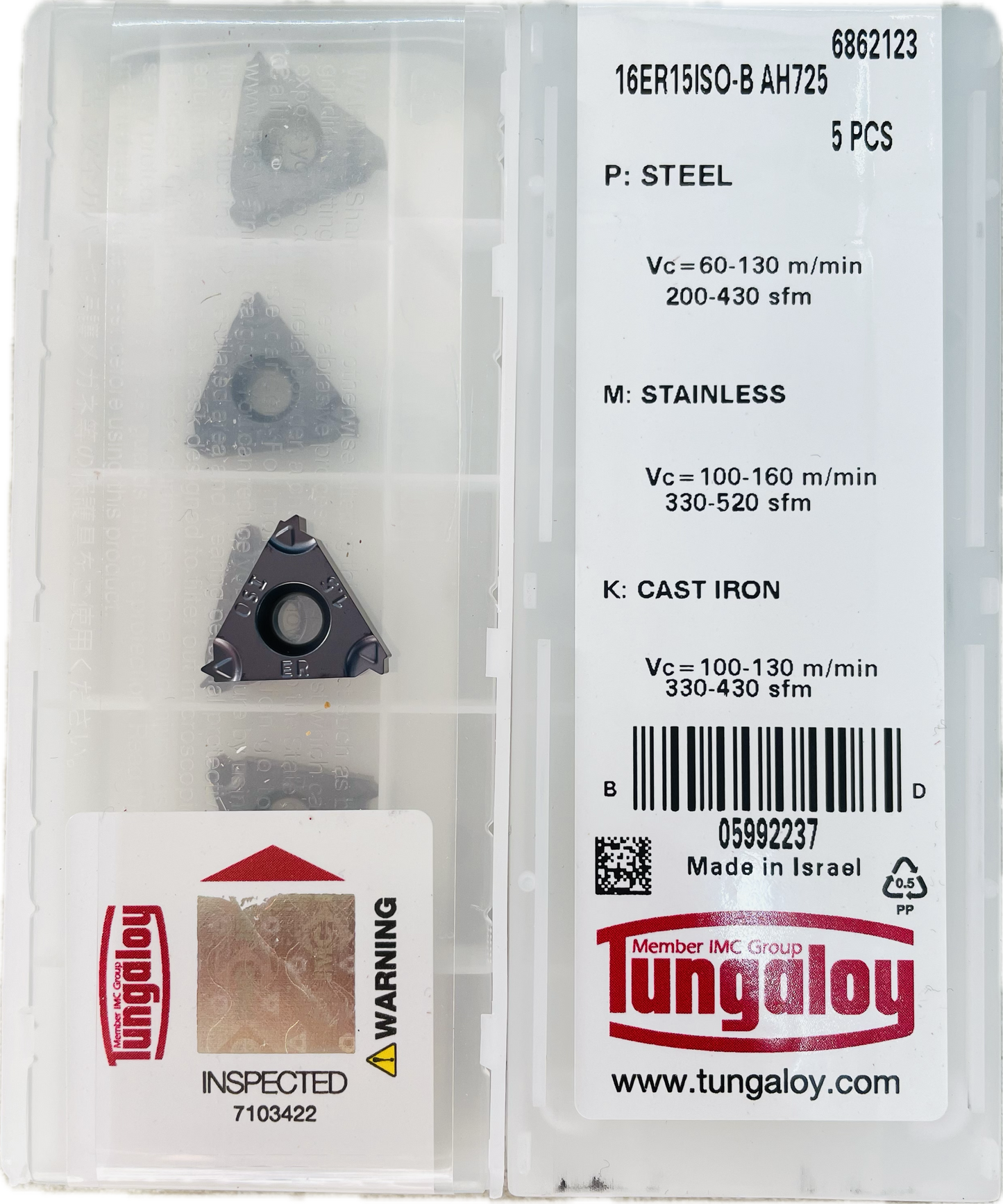 TUNGALOY 16ER15ISO-B AH725 THREADING INSERT - PACK OF 5