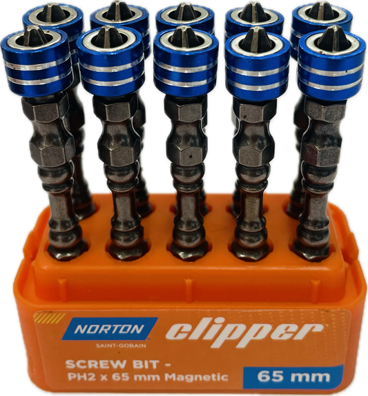 NORTON HIGH TORQUE DOUBLE ENDED MAGNETIC SCREW BIT - PH2 x 65MM (PACK OF 10)